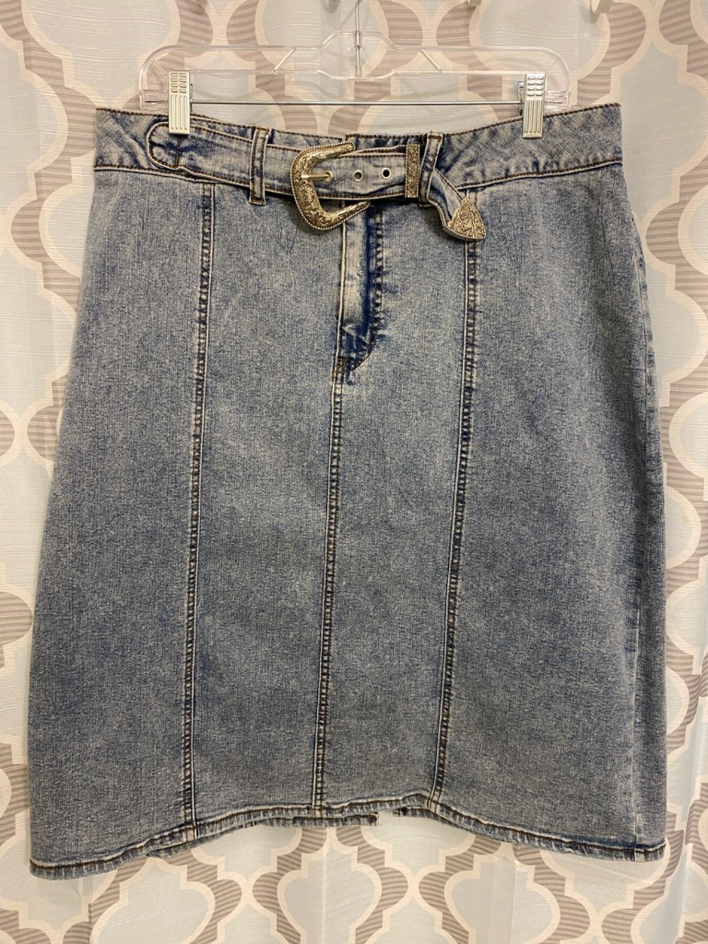 Cato Light Blue Denim Pencil Skirt with Metallic Buckle Belt